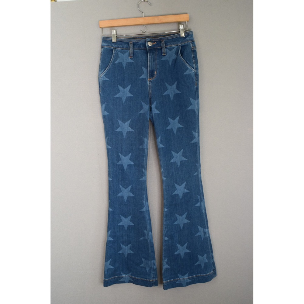 Miss Me High Rise Flare Jeans 27 Blue Star Print High Rise Denim Womens Boho
